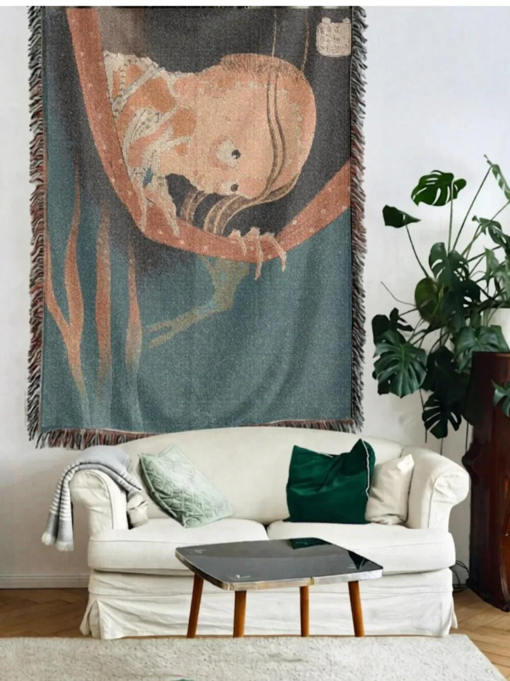 Woven Skeleton Blanket – Hokusai Ghost Ukiyo-e Art, 100% Cotton Japandi Decor